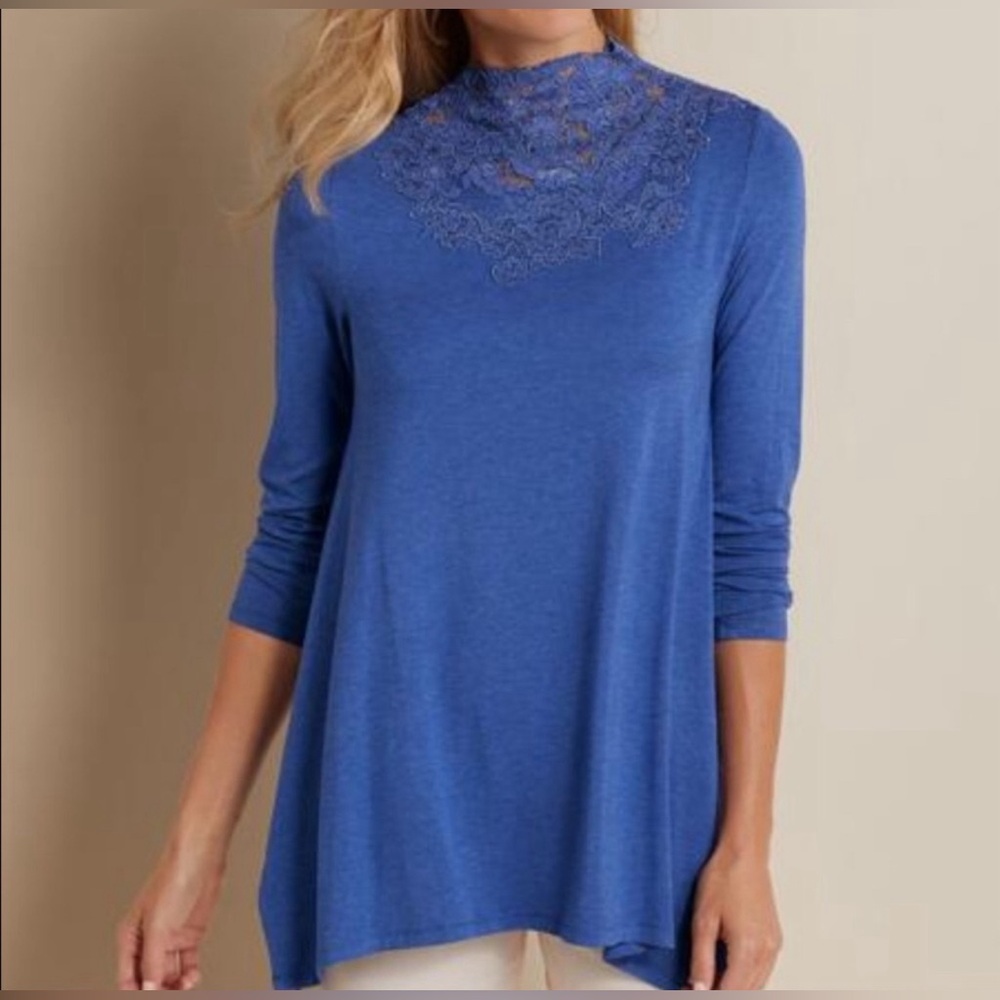 Soft Surroundings Blue Tamora Lace Mock Neck Long Sleeve Top large